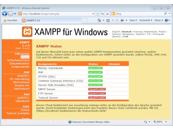 Die XAMPP-Statusseite zeigt an, welche Komponenten des Programmpakets aktiviert sind.