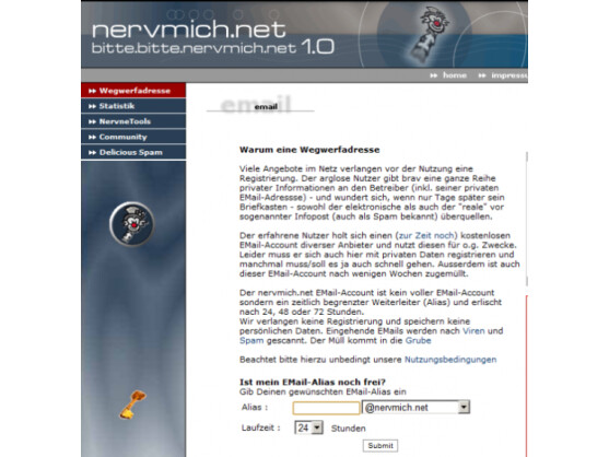 Anbieter von Wegwerfadressen gibt es viele. Nervmich.net ist einer davon.