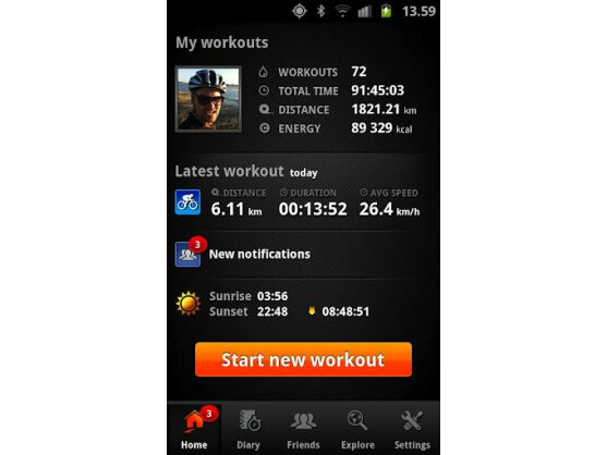 Die App Sports Tracker zeichnet die bisher zurückgelegte Gesamtstrecke und weitere Daten auf.