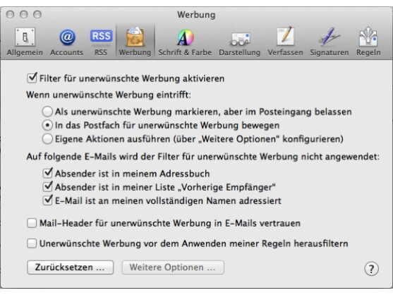 Apple empfiehlt ausdrücklich, für iCloud-Postfächer den Spam-Filter zu aktivieren.