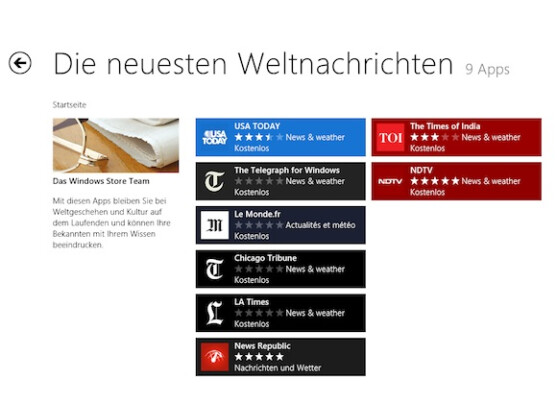 Apps werden in mehreren Kategorien übersichtlich dargestellt.