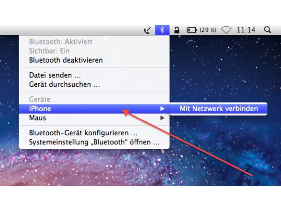 Die Bluetooth-Verbindung zum iPhone wird über die Menüleiste hergestellt.