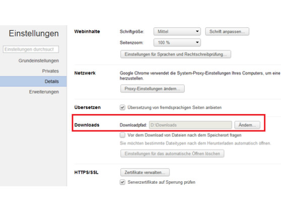 Den Download-Zielordner ändern Sie über die Einstellungen des Browsers, wie hier bei Google Chrome.
