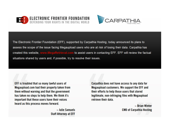 Die EFF und Carpathia Hosting wollen Nutzern helfen, ihre bei Megaupload gespeicherten Daten zurückzubekommen.