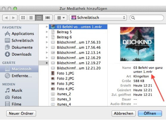 Beim erneuten Import in die Mediathek muss der Klingelton auf .m4r enden.