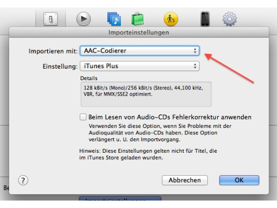 Für die Erstellung eines Klingeltons muss das AAC-Format eingestellt sein.