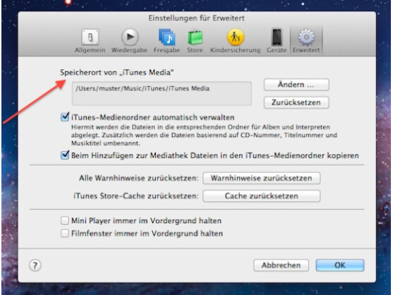 Unter "Erweitert" können Nutzer einen abweichenden Speicherort für die Mediathek wählen.