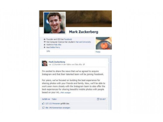 Facebook-Gründer Mark Zuckerberg verkündet die geplante Übernahme von Instagram in seiner Timeline.