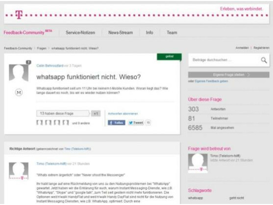 In der Feedback-Community beantwortet die Telekom Fragen ihrer Nutzer, auch zum WhatsApp-Ausfall.