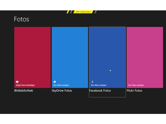 Die Fotos-App kann lokale Bilder und Fotos von SkyDrive, Facebook und Flickr anzeigen.