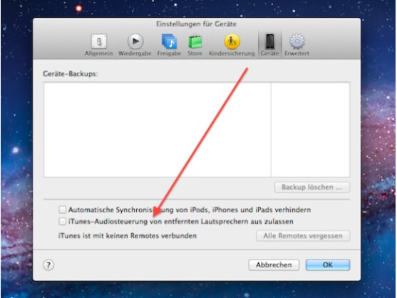 Im Geräte-Reiter werden Backups, Lautsprecher und Fernbedienungen verwaltet.