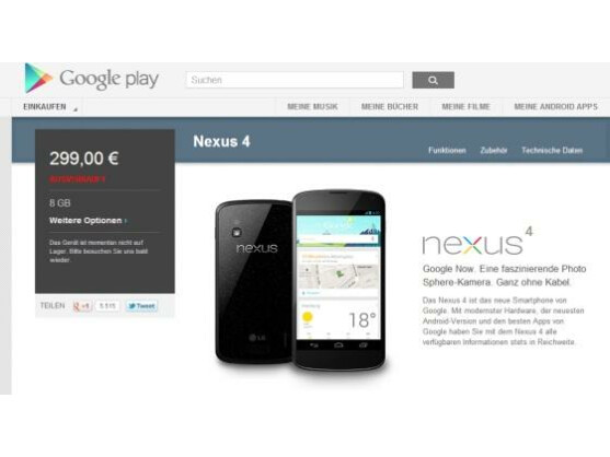 Das Google Nexus 4 war bereits nach wenigen Sekunden ausverkauft.