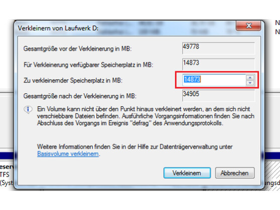 Hier können Sie die Größe der neuen Partition ändern.