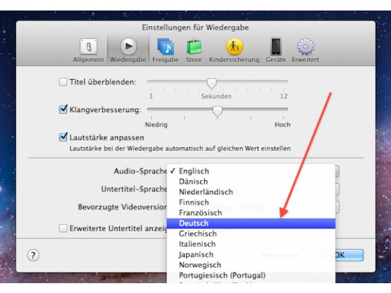 iTunes wählt auf Wunsch immer die gleiche Sprache für Untertitel und Audiospur aus.