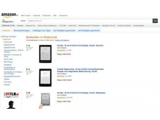 Keine Überraschung: E-Book-Reader Kindle ganz oben in den Bestseller-Listen von Amazon.