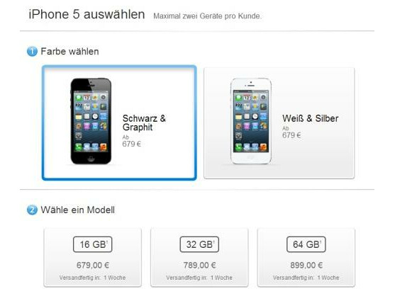Die Lieferzeit für das Apple iPhone 5 beträgt jetzt nur noch eine Woche.
