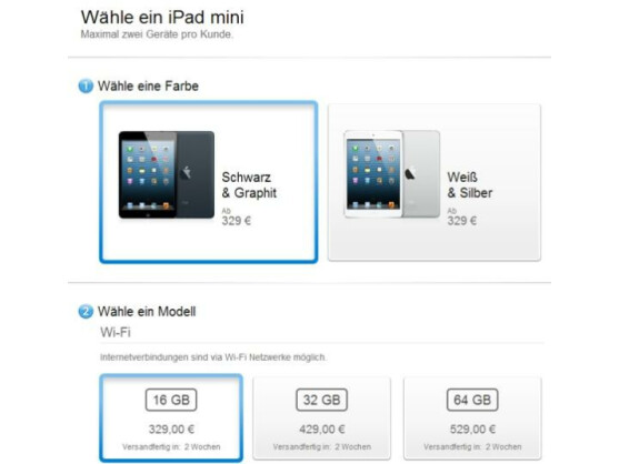 Die Lieferzeit für das iPad mini beträgt bereits zwei Wochen.