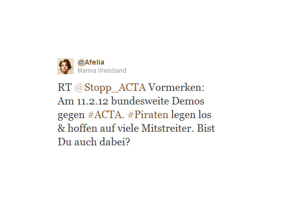 Auch Marina Weisband, die politische Geschäftsführerin der Piratenpartei, wirbt für den 11.02.