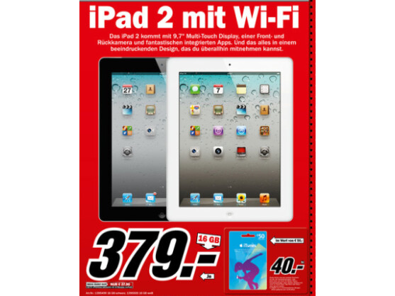 Media Markt bietet die 16-Gigabyte-Variante des iPad 2 mit WLAN an.