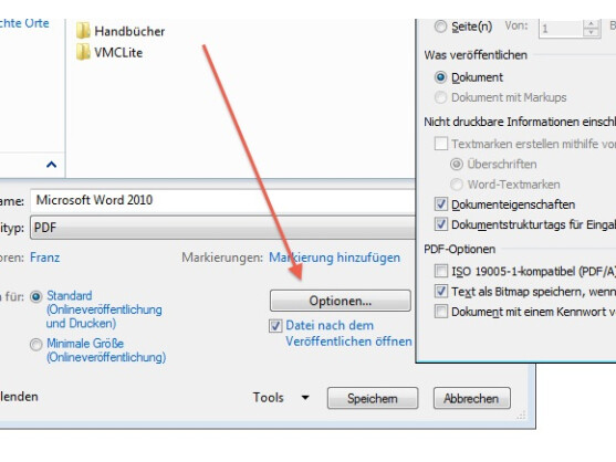 Microsoft Word bietet beim Export die Möglichkeit erweiterter Einstellungen.