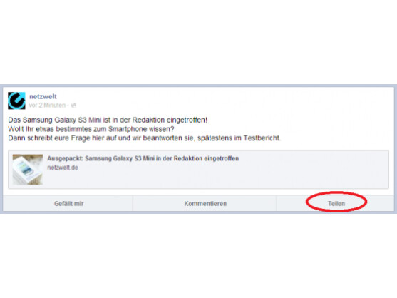 Auf der mobilen Webseite von Facebook ist nun der Teilen-Button zu finden.
