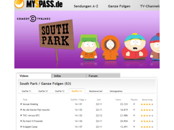 Auf MySpass.de kann der Nutzer unter anderem Southpark gucken.