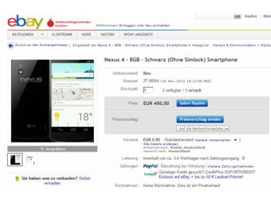 Das Nexus 4 ist bei eBay nur einen Klick entfernt, dafür aber deutlich teurer als bei Google Play.