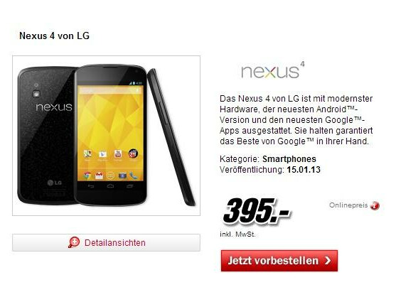 Das Nexus 4 ist bei Media Markt erst ab Mitte Januar erhältlich.