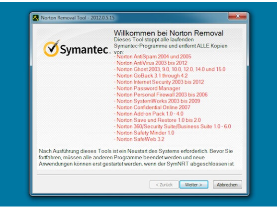 Das Norton Removal Tool erwies sich unter Windows 7 als etwas instabil.