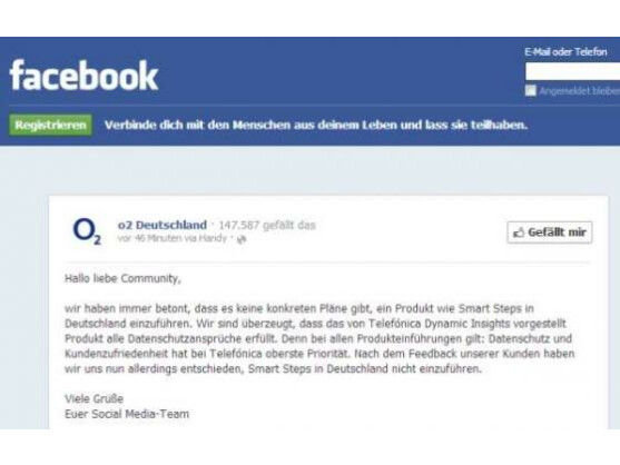 O2 teilte auch per Facebook mit, das umstrittene Programm Smart Steps in Deutschland nicht zu starten.