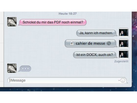 Per iMessage können Sie schnell Dokumente austauschen. Die Blase zeigt, wenn getippt wird.