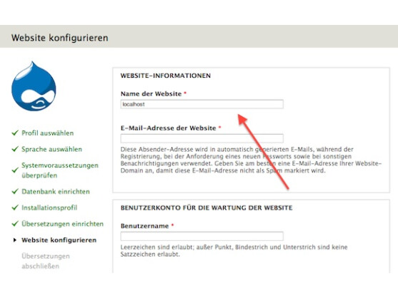 Ein Assistent führt durch die Installation von Drupal.