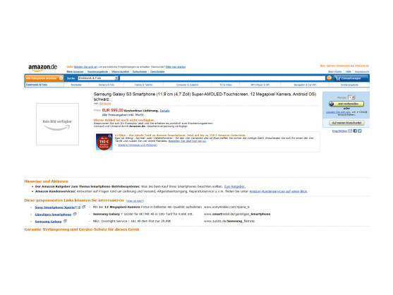 Produktseite des Samsung Galaxy S3 bei Amazon Deutschland