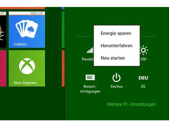 Um den Rechner herunterzufahren, führt der Weg über die kleine Lupe, "Einstellungen" und "Ein/Aus". Ist doch klar, oder?