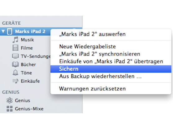 Nach einem Rechtsklick auf den Eintrag des Geräts legen Sie das Backup per "Sichern" an.