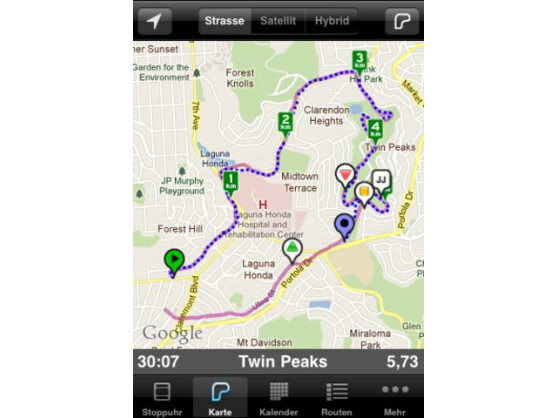 Runmeter zeigt die Wegstrecke auf einer Karte an.