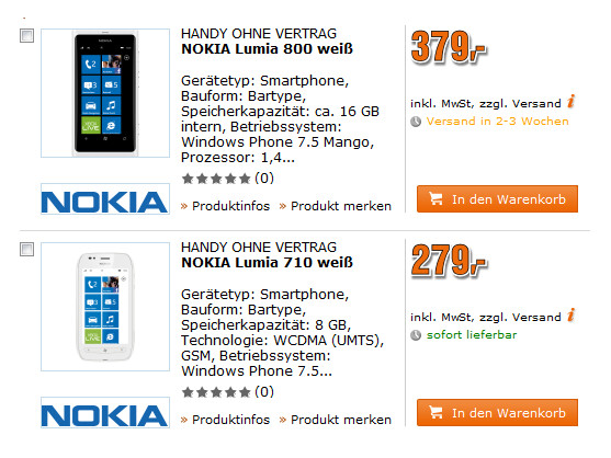 Bei Saturn gibt es das weiße Lumia 800 und das weiße Lumia 710.