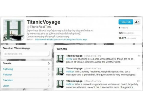Auf dem Twitter-Account TitanicVoyage kann der Untergang der Titanic noch einmal in Echtzeit verfolgt werden.