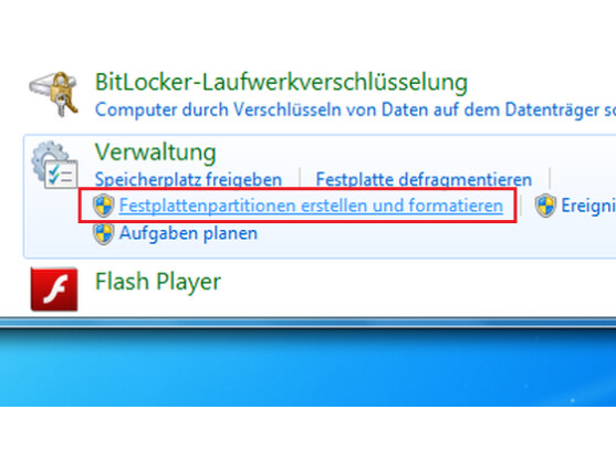 Über die Systemsteuerung erreichen Sie den Dienst für das Partitionieren.