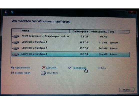 Wählen Sie die benutzerdefinierte Installation, um Windows 8 auf der neuen Partition einzurichten.