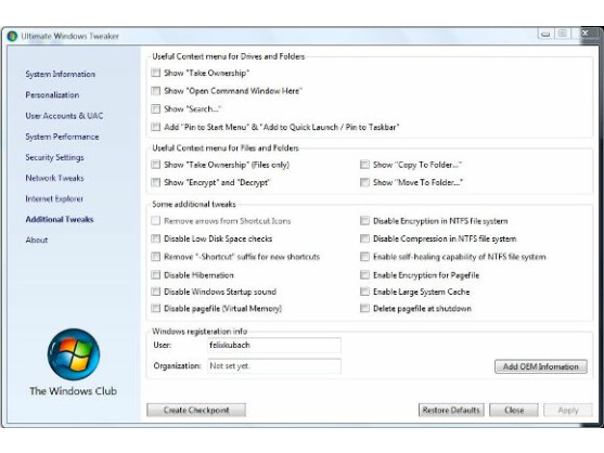Ultimate Windows Tweaker bietet dem Nutzer eine Vielzahl an Optionen.
