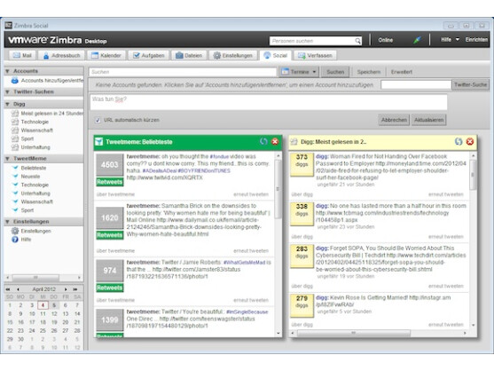Zimbra Desktop kann auch auf Twitter, Facebook, LinkedIn und Digg zugreifen.