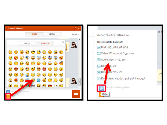 Emoticons und Anhänge versenden.