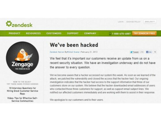 In einem Blogeintrag weist Zendesk auf die Attacke hin.