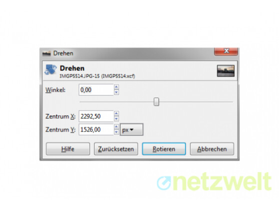 Dialogbox des Drehen-Werkzeug. Über schieberegler oder Textfeld kann der Winkel bestimmt werden.