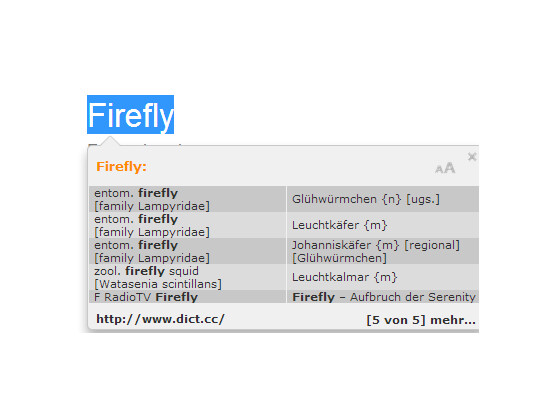 Sobald ein Wort markiert wird, ruft das Dict.cc Add-on eine Übersetzung auf