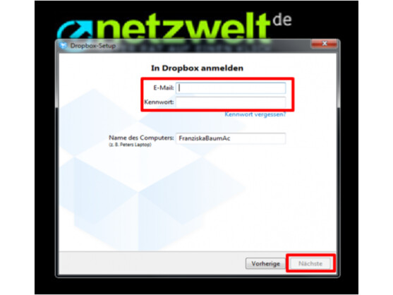 Anmeldedaten von Dropbox eingeben.