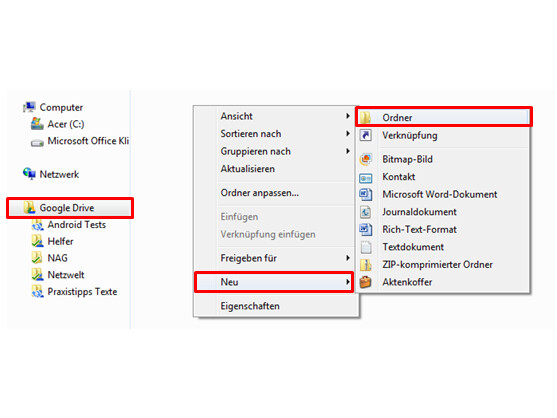 Im Google Drive-Ordner einen neuen Ordner anlegen