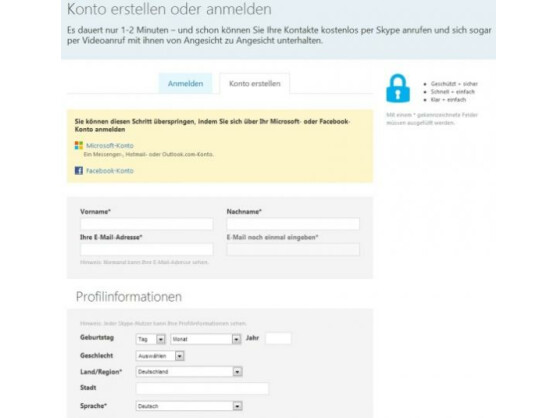 Hier gibt der Nutzer seine privaten Profildaten ein, die für die Erstellung eines Skype-Kontos benötigt werden.