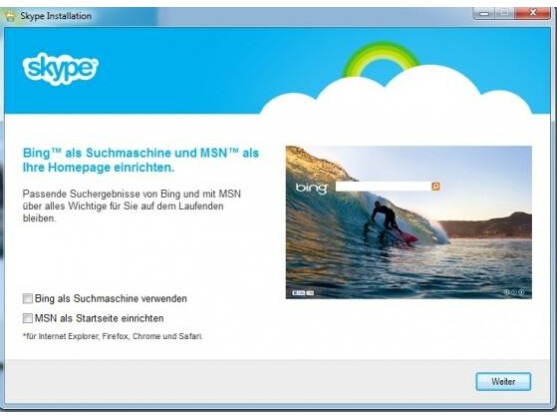 Bei der Installation will Skype auch die Bing Bar mit auf den PC aufspielen.